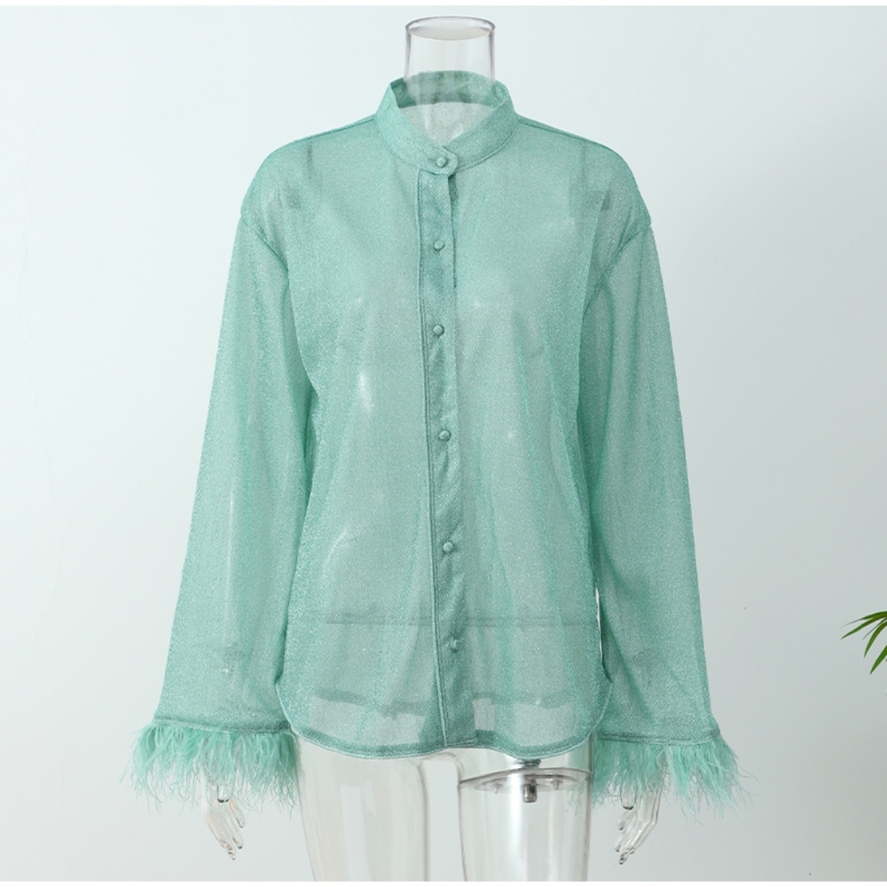 Shiny Feather Patchwork Solid Shirt For Women Chic Stand Collar Single-breasted - Picture 4 of 8